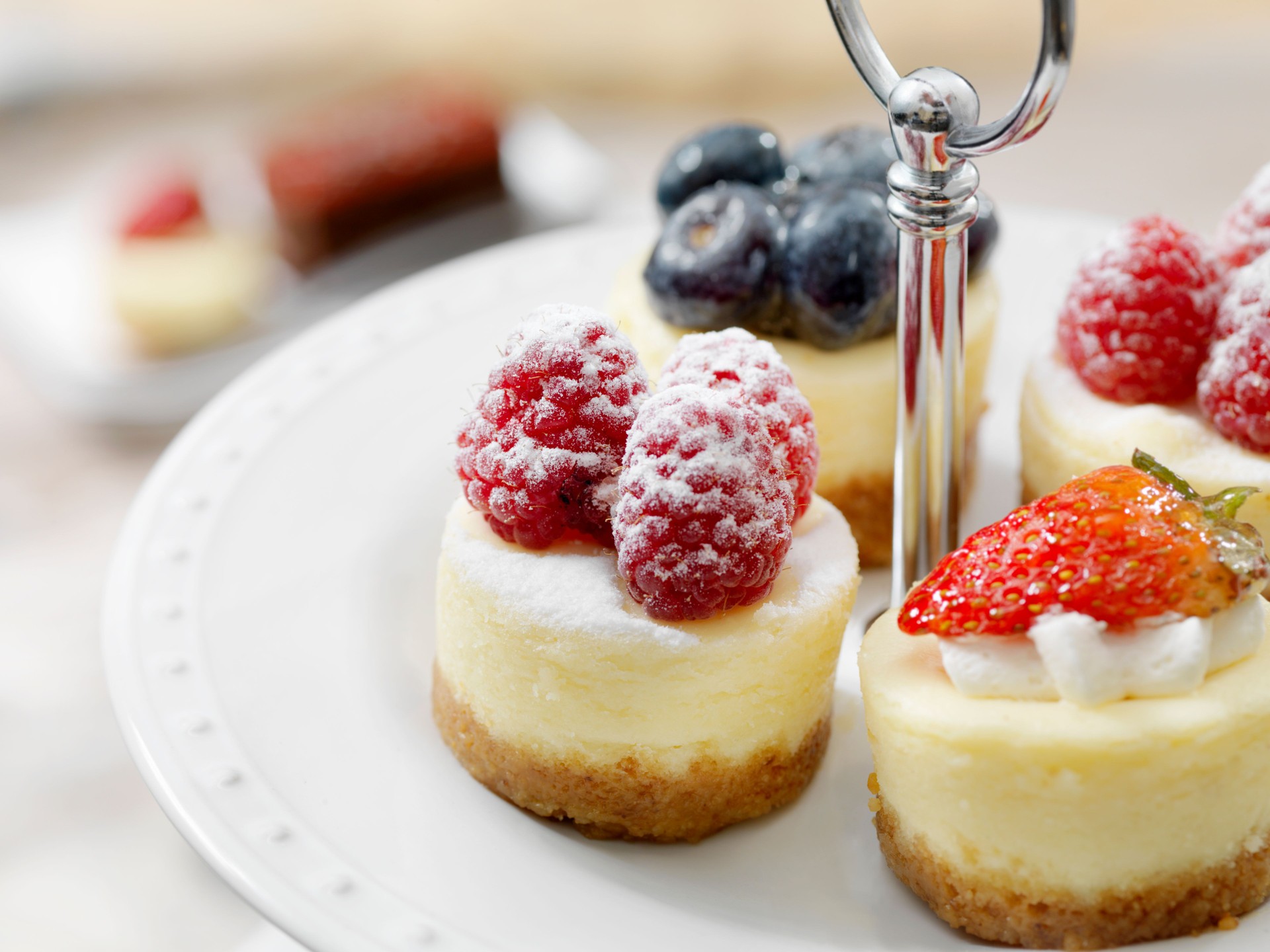 Mini Cheesecake Bites on a Three Tier Dessert Stand